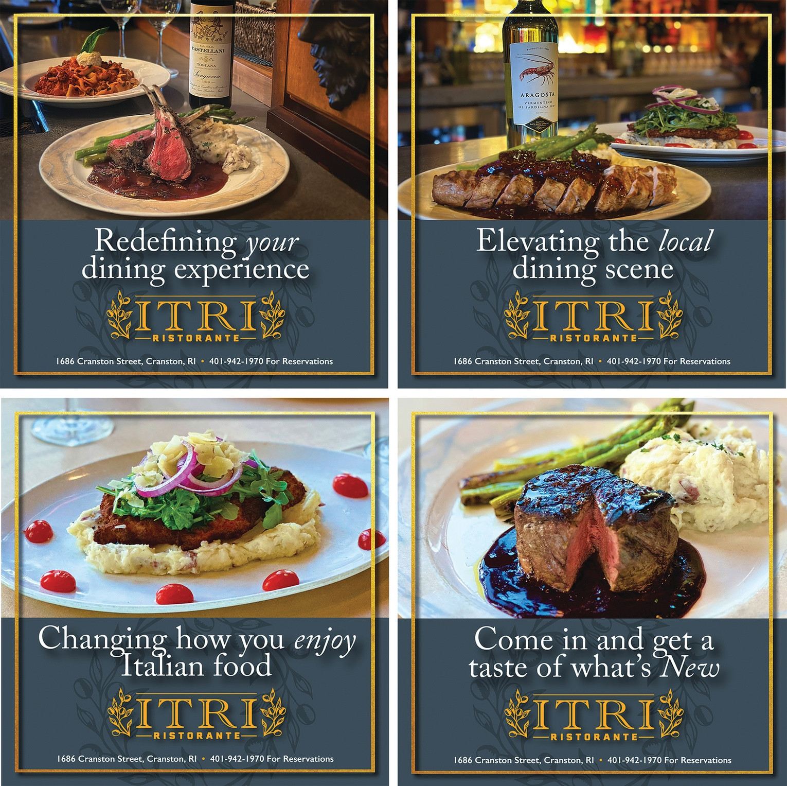Elegant dishes presented on stylish plates, warm lighting, inviting atmosphere · ITRI Ristorante Facebook Ads — Digital Ads/Banners design — by Roskelly, Inc. — 2026 GDUSA award entry