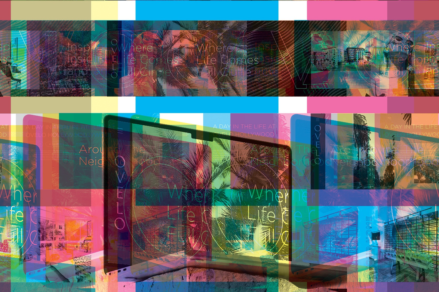 Vibrant, layered composition with overlapping text and tropical imagery · Ovelo Website Design — Websites/Microsites design — by Studio5 | Avenue5 — 2026 GDUSA award entry