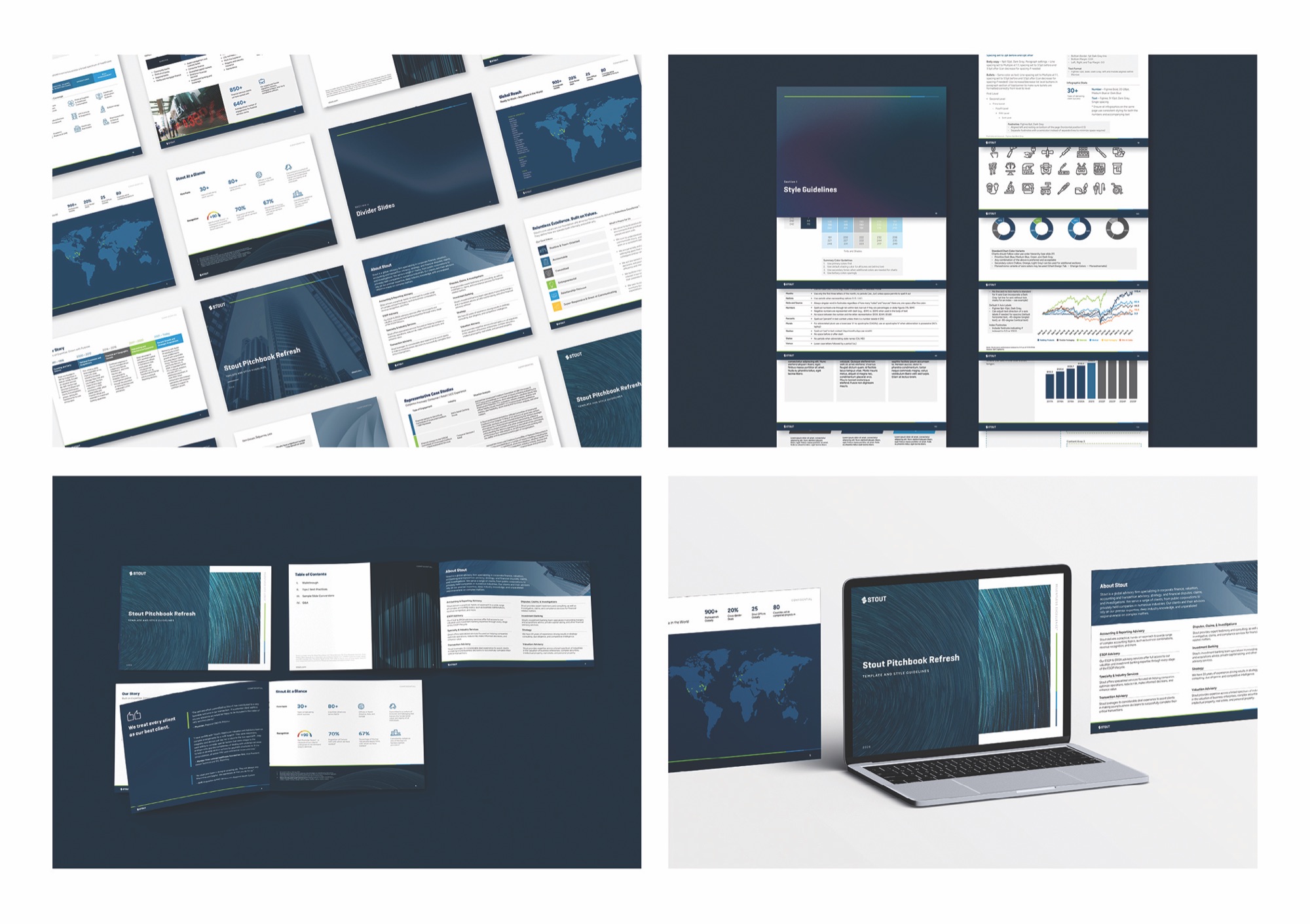A modern, sleek pitchbook design featuring dark tones, clean layouts, and data visuals · Stout Pitchbook Refresh and Style Guidelines — Presentations design — by Stout — 2026 GDUSA award winner