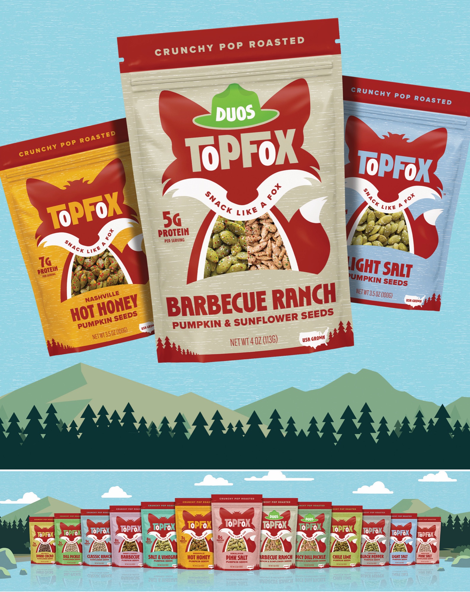 Vibrant packaging featuring playful fox graphics and earthy color palettes · Top Fox Snacks Packaging — Food & Beverage design — by Voodoo Brands — 2026 GDUSA award winner