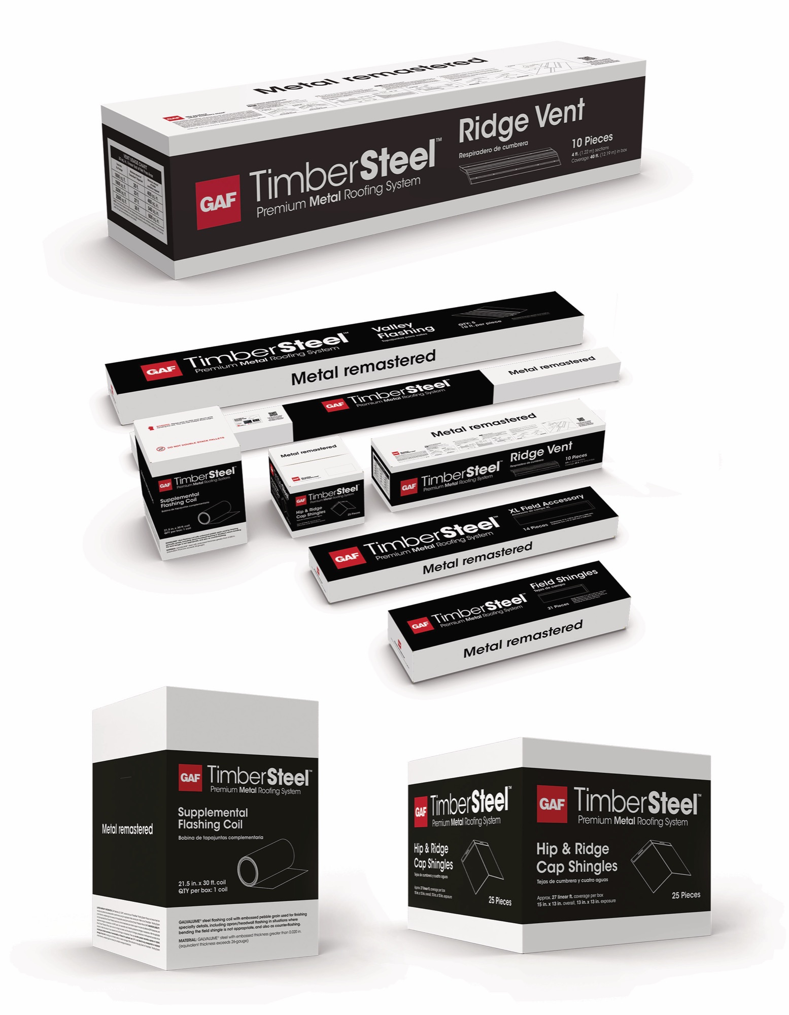 Roofing products. GAF TimberSteel Packaging, Auto Care + Industrial design by GAF Creative Services, a 2026 GDUSA award winner