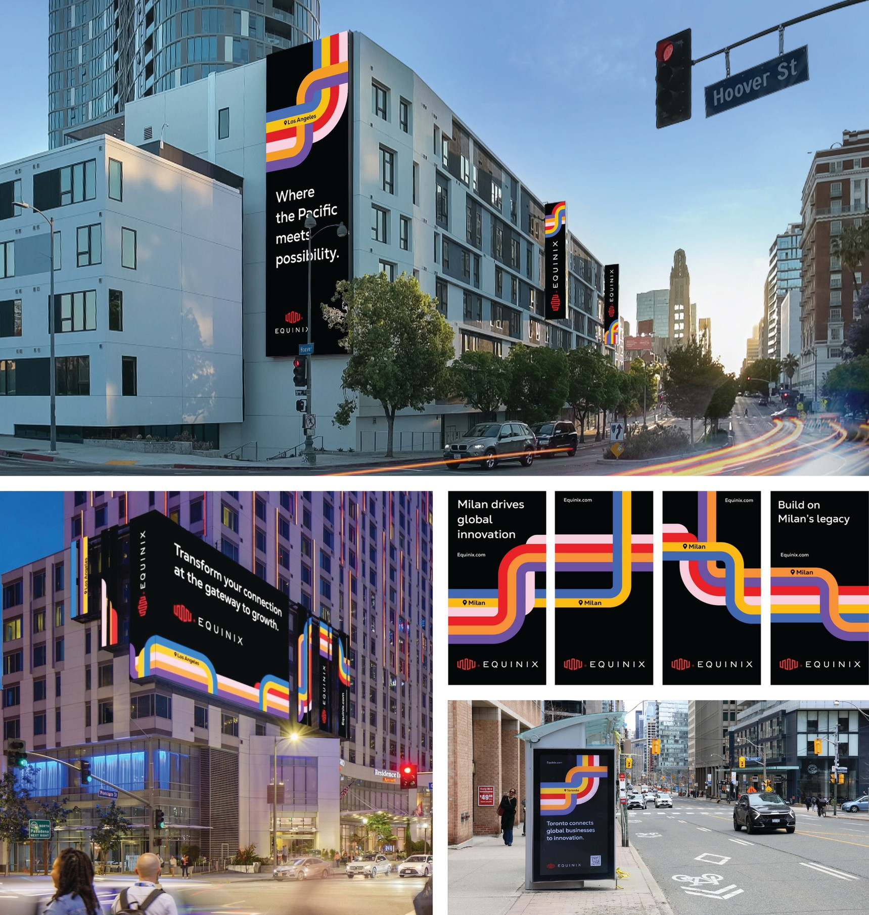 Bold, colorful geometric patterns on urban billboards, emphasizing connectivity and innovation · Equinix Digital Corridor Campaign and Design System — Digital Ads/Banners design — by Equinix — 2026 GDUSA award entry
